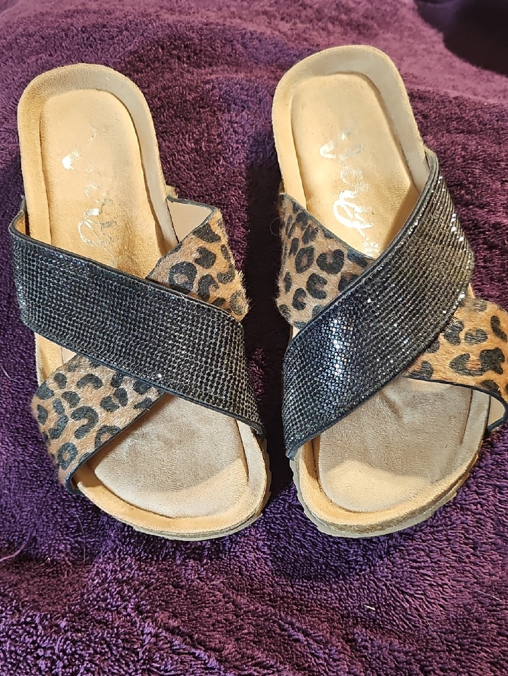 Very G Leopard Print Slide Mules with Black Sparkle Crossover Straps